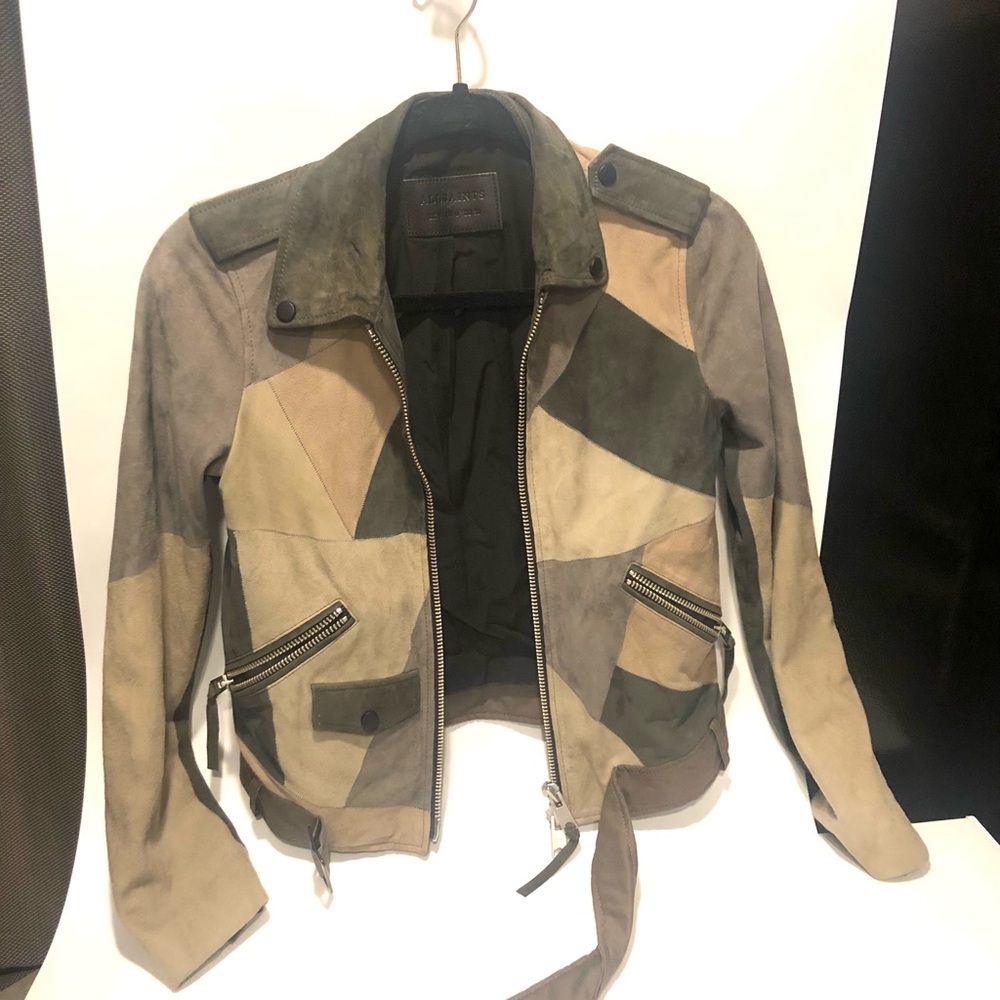 ALL SAINTS Goat Suede Turner Biker Patchwork Green Jacket
